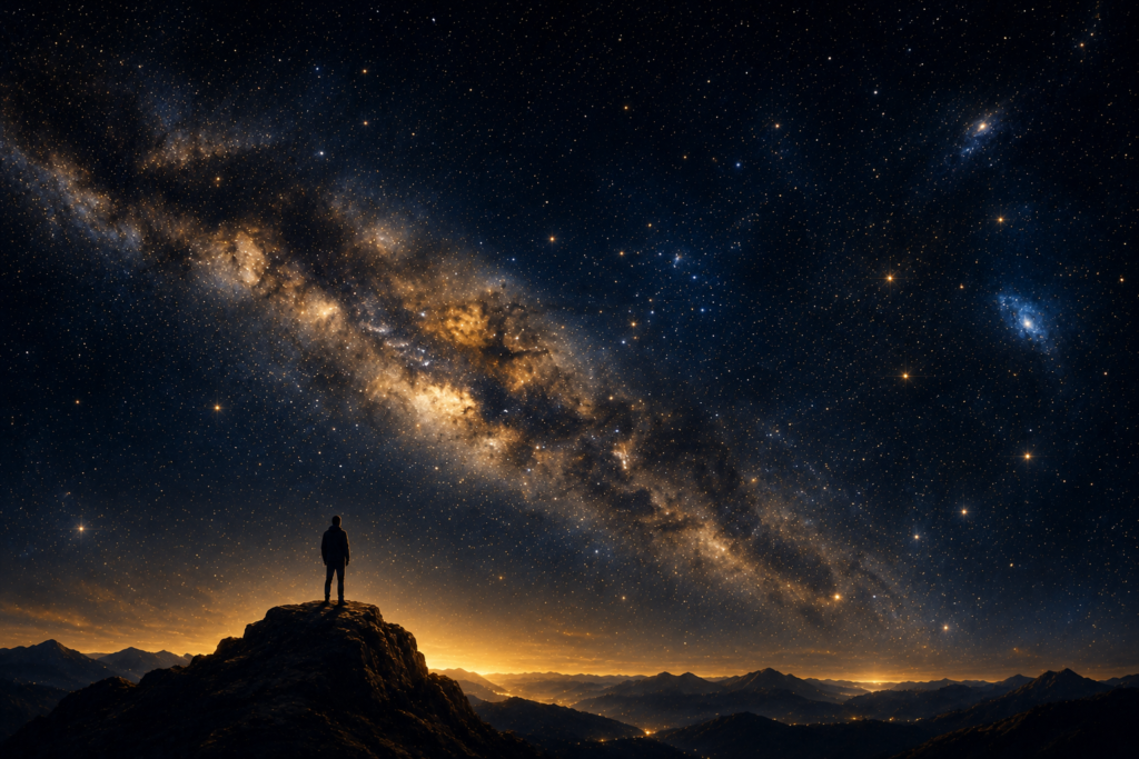 Astronaut silhouette illustration before a vast star field, representing space exploration facts