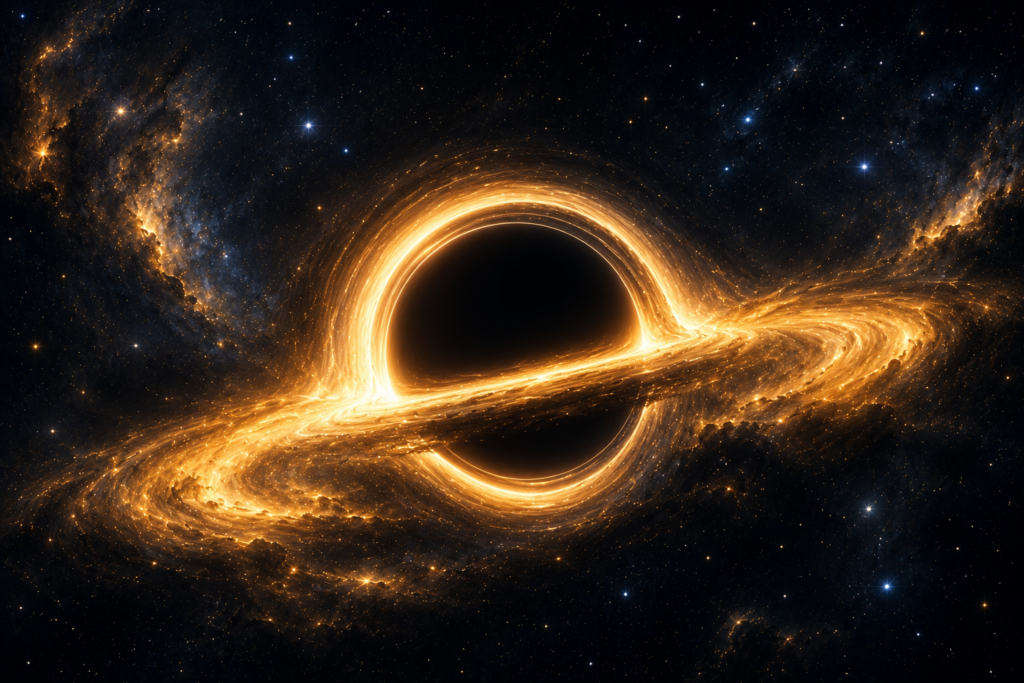 Illustration of a black hole bending light in deep space