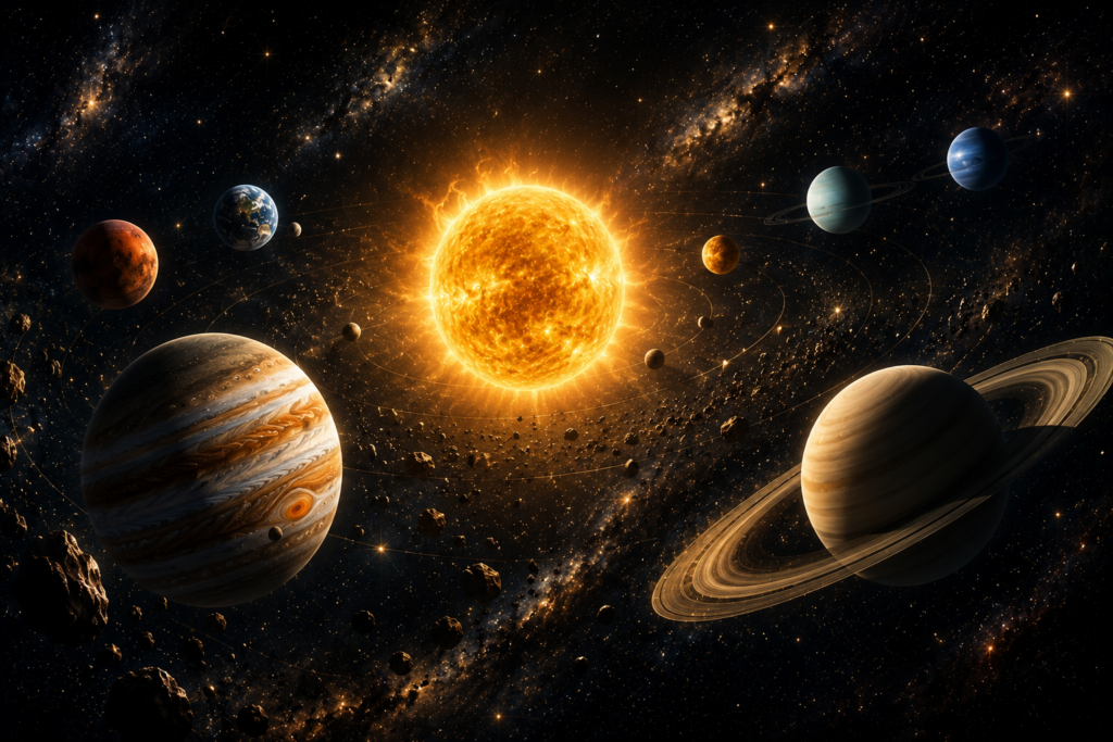 Illustration of the solar system planets orbiting the sun
