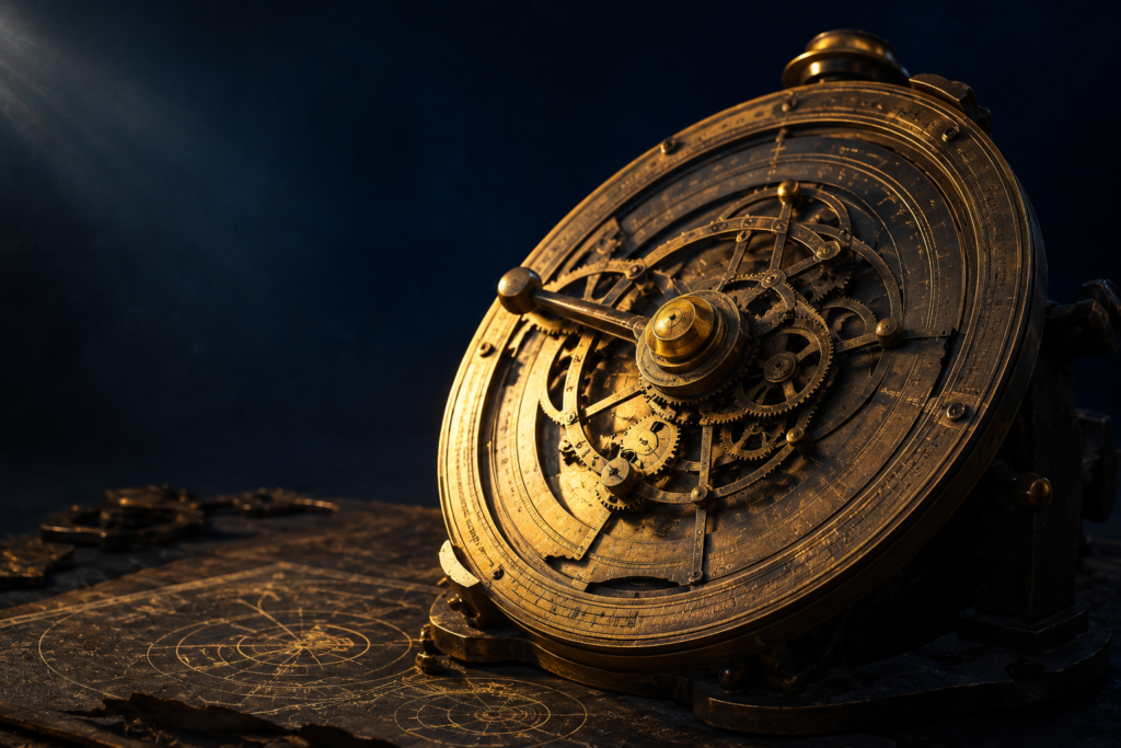 Top 10 Ancient Mysteries That Still Baffle Scientists Today Illustration of an ancient bronze mechanical device with golden gears, representing the Antikythera mechanism mystery