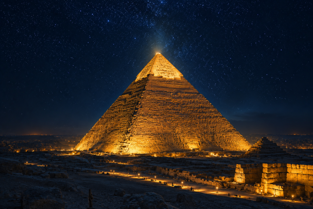 Top 10 Ancient Mysteries That Still Baffle Scientists Today Illustration of the Great Pyramid of Giza glowing at night, representing ancient construction mysteries
