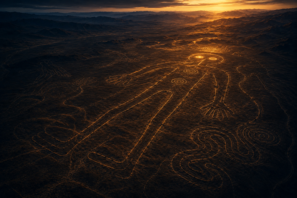 Top 10 Ancient Mysteries That Still Baffle Scientists Today Aerial-style illustration of massive ancient desert line drawings, representing the Nazca Lines mystery