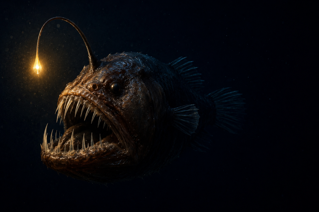 35 Deep Sea Creatures That Look Like Alien Monsters Anglerfish with glowing lure attracting prey in the deep ocean darkness
