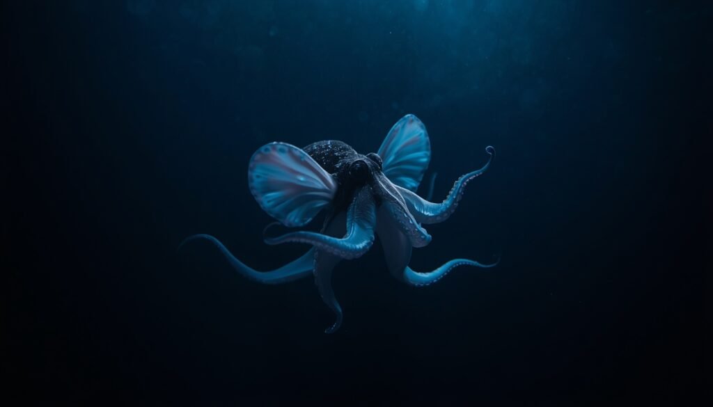 35 Deep Sea Creatures That Look Like Alien Monsters Dumbo octopus swimming gracefully in the deep sea with ear-like fins