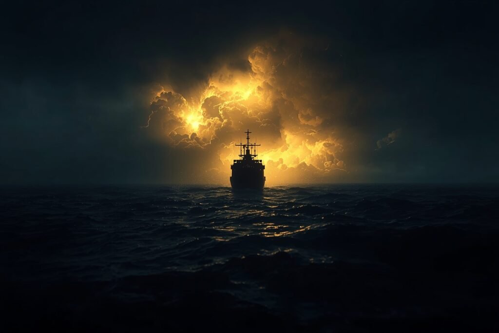 Illustration of a ship disappearing into a storm over the ocean, representing the Bermuda Triangle mystery
