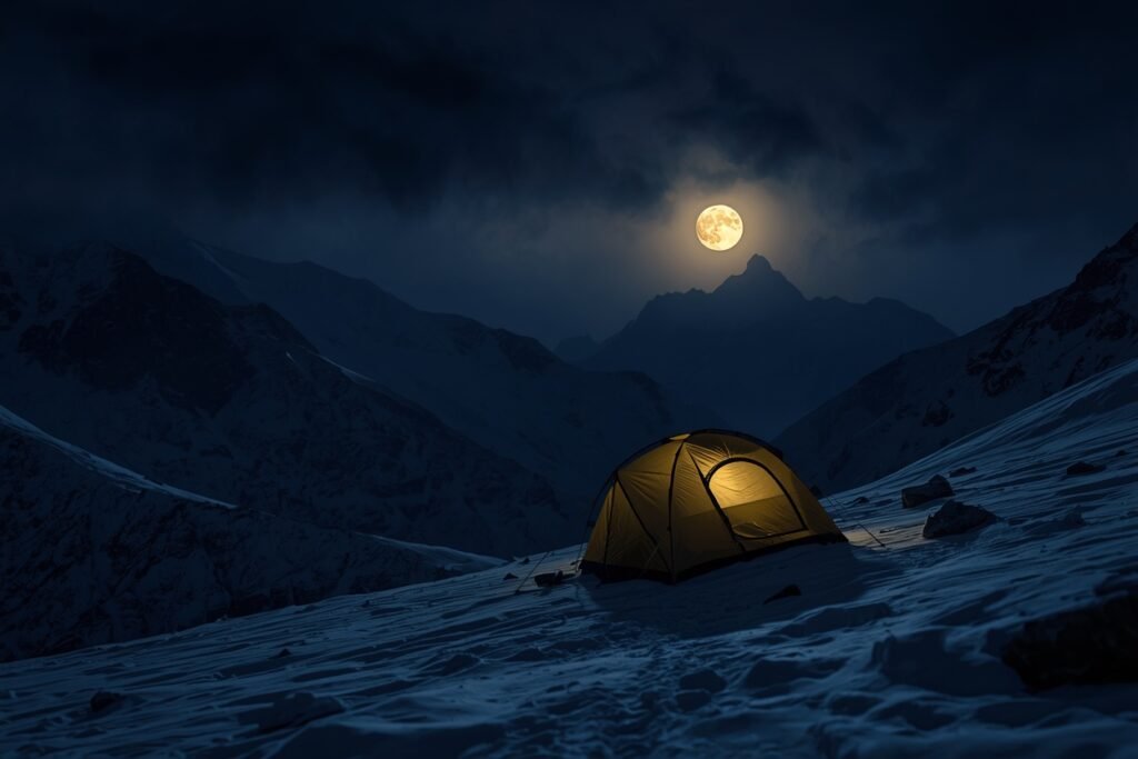 Illustration of an abandoned tent on a snowy mountainside at night, representing the Dyatlov Pass Incident