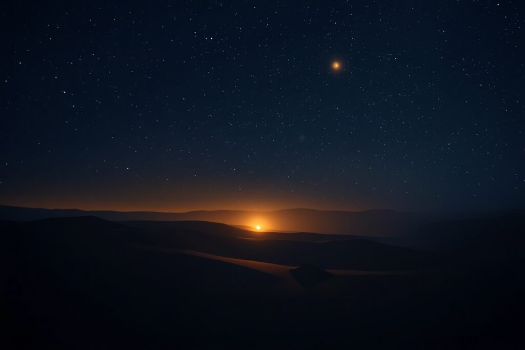 Illustration of glowing orbs of light over a desert plain at night, representing the Marfa Lights mystery