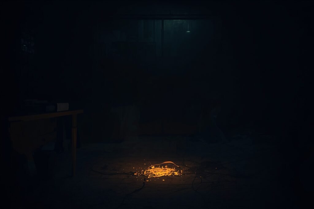 Illustration of a dim quiet room with a faint glowing ember, representing the spontaneous human combustion mystery