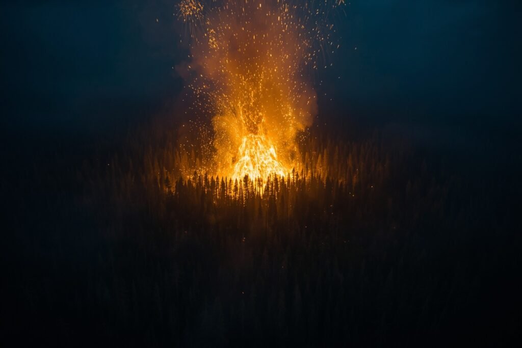 Illustration of a massive explosion flattening a remote forest, representing the Tunguska Event mystery