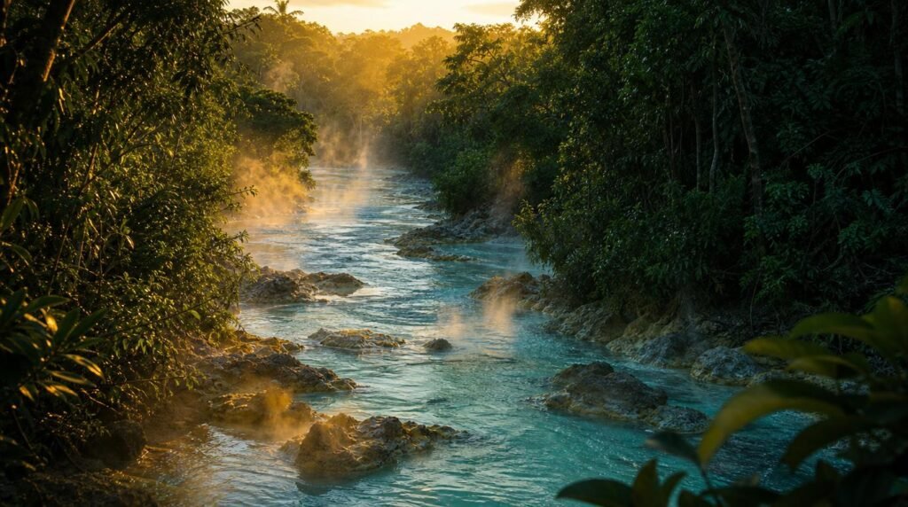 The Boiling River of the Amazon: The Mystery of Shanay-Timpishka Wide cinematic view of the Boiling River winding through the Amazon at golden hour