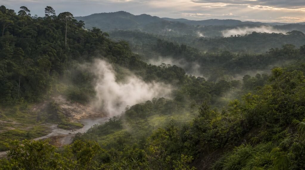 The Boiling River of the Amazon: The Mystery of Shanay-Timpishka Wide landscape view of geothermal steam rising through the Amazon rainforest