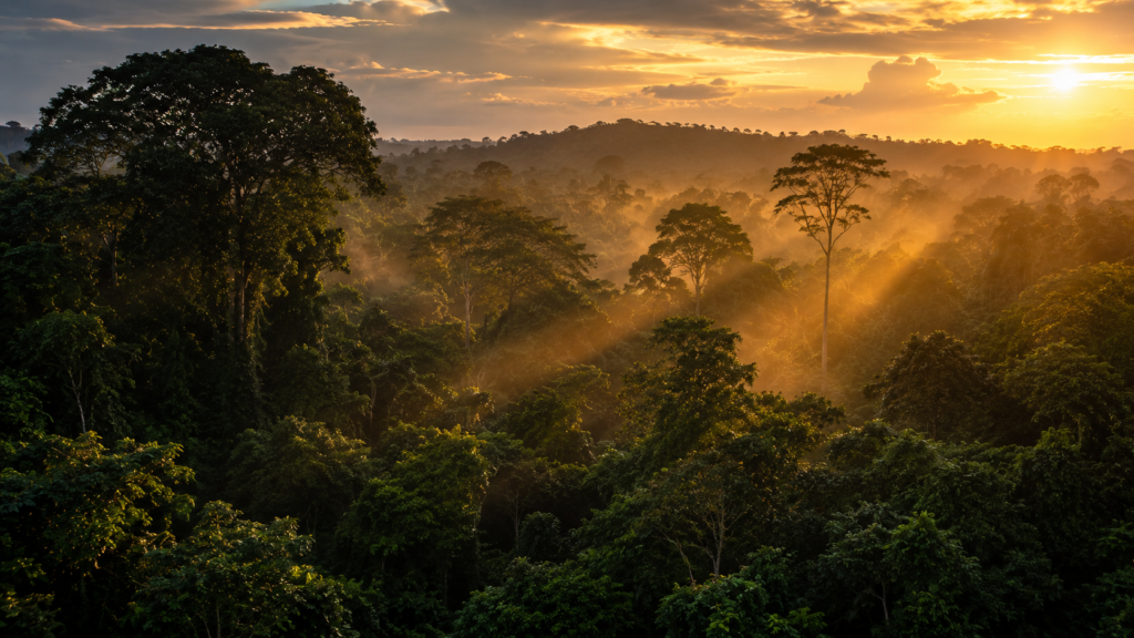 The Boiling River of the Amazon: The Mystery of Shanay-Timpishka Dense Amazon rainforest canopy at dusk, representing the legend of the Boiling River