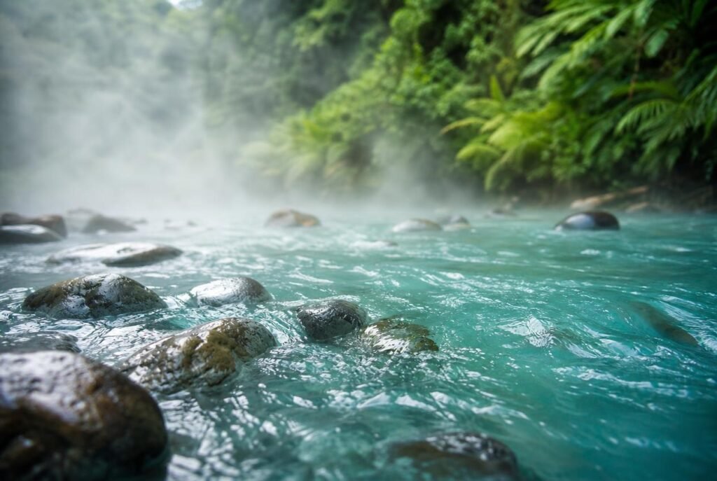 The Boiling River of the Amazon: The Mystery of Shanay-Timpishka Close-up of steaming hot river water in the Amazon rainforest