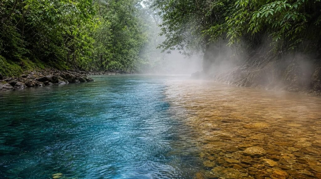 The Boiling River of the Amazon: The Mystery of Shanay-Timpishka Section of the Amazon river showing the transition between cool and steaming hot water