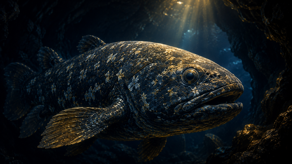 7 Animals Scientists Thought Were Extinct — Until Now Close-up illustration of a coelacanth fish in a deep sea cave.