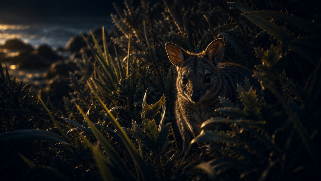 7 Animals Scientists Thought Were Extinct — Until Now Illustration of a small marsupial hidden in coastal vegetation, representing Gilbert's potoroo.