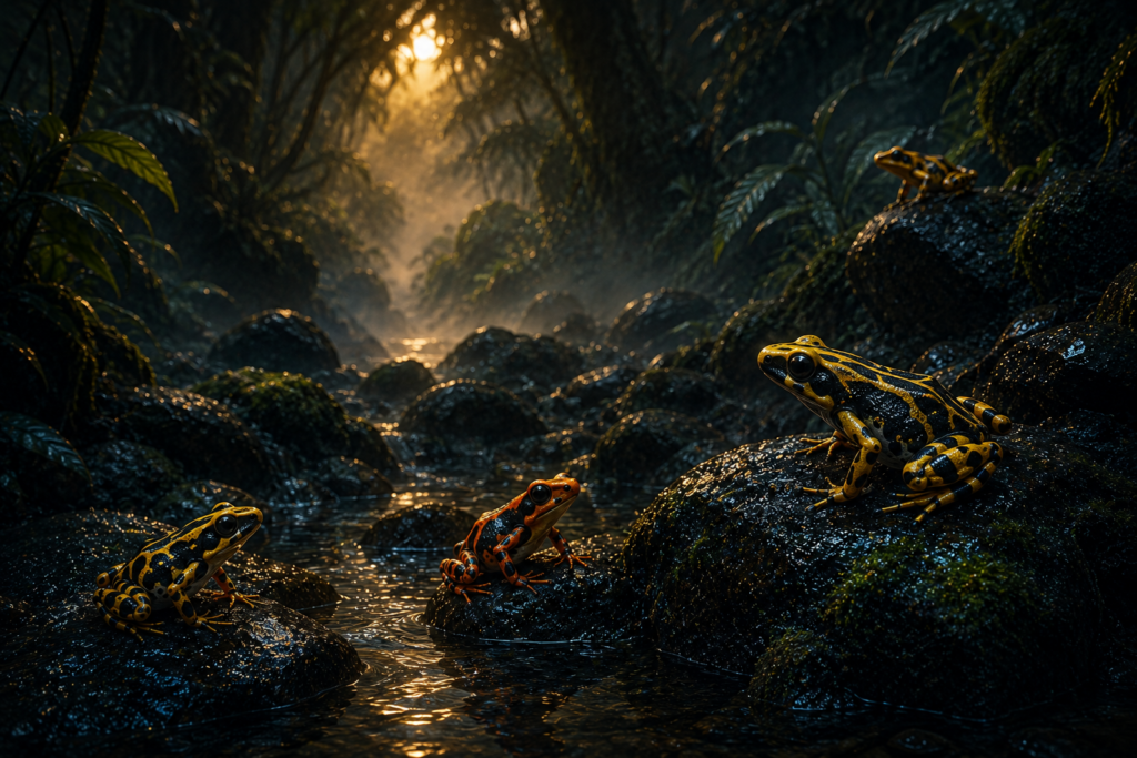 7 Animals Scientists Thought Were Extinct — Until Now Illustration of colorful frogs in a misty cloud forest stream, representing harlequin frogs.