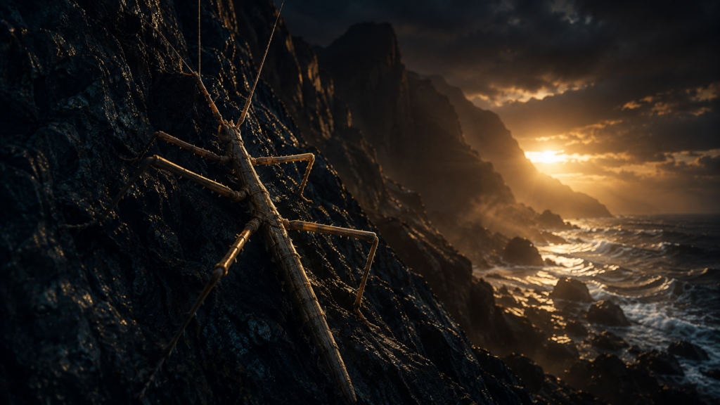 7 Animals Scientists Thought Were Extinct — Until Now Illustration of a giant stick insect on a volcanic rock cliff, representing the Lord Howe Island stick insect.