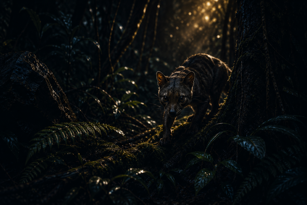 7 Animals Scientists Thought Were Extinct — Until Now Illustration of a small mysterious mammal in a dark rainforest, representing Madagascar's hidden survivor species.