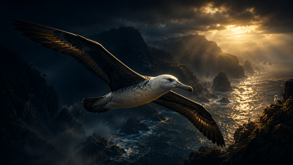 7 Animals Scientists Thought Were Extinct — Until Now Illustration of a small seabird in flight over ocean waves at dusk, representing the New Zealand storm petrel.