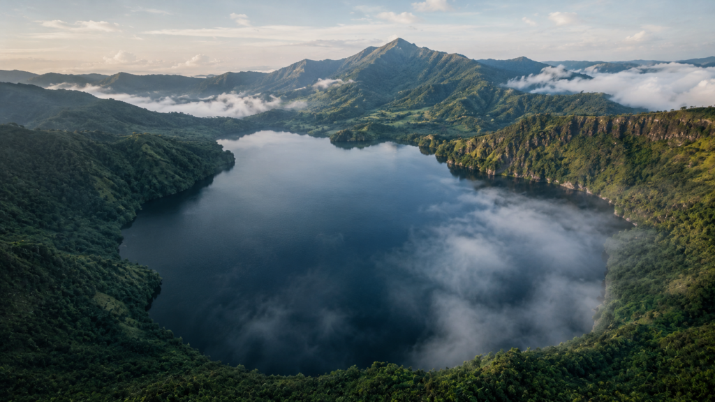 The Lake That Killed a Village Without Warning Aerial view of Lake Nyos surrounded by volcanic hills in Cameroon