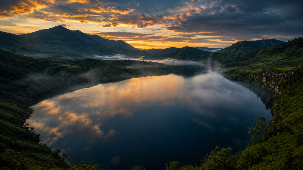 The Lake That Killed a Village Without Warning Peaceful Lake Nyos surrounded by volcanic mountains in Cameroon