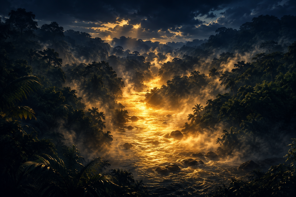 7 Natural Phenomena So Extreme They Seem Impossible Illustration of a steaming river through a dense jungle, representing the Boiling River of the Amazon