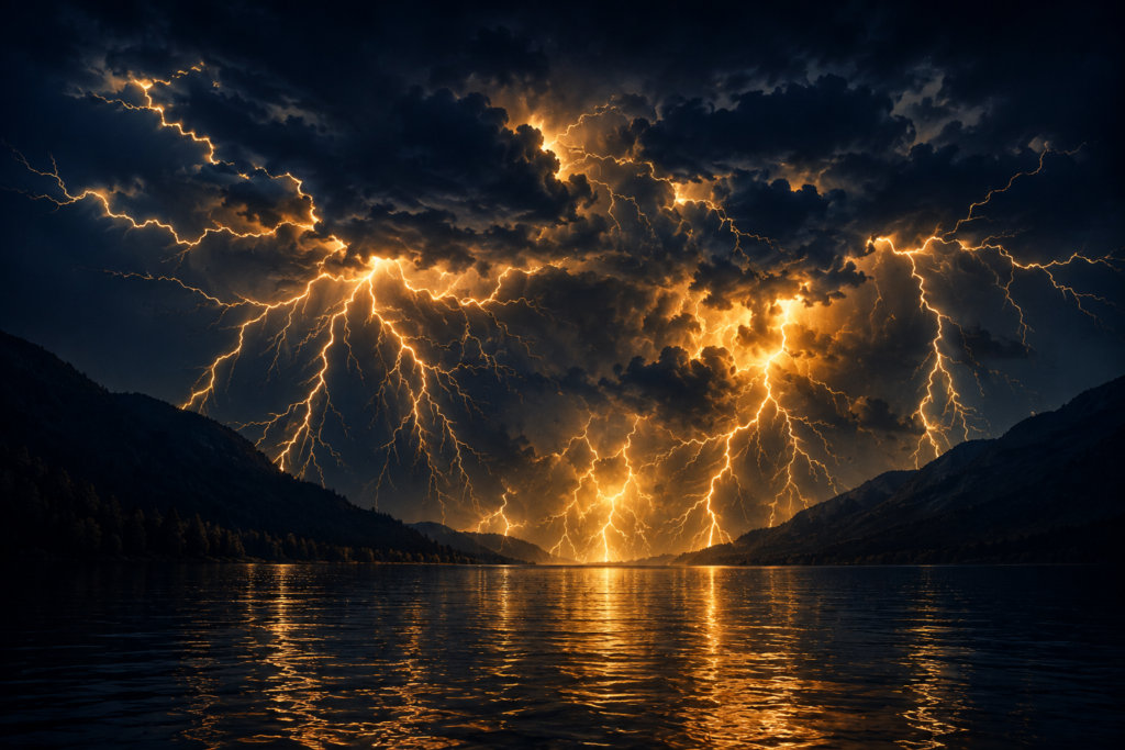 7 Natural Phenomena So Extreme They Seem Impossible Illustration of continuous lightning storms over a dark lake, representing Catatumbo Lightning in Venezuela