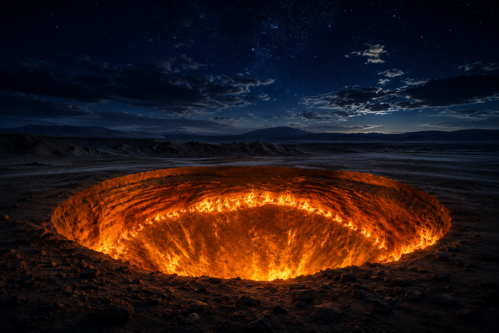 7 Natural Phenomena So Extreme They Seem Impossible Illustration of a massive burning crater in the desert at night, representing the Door to Hell in Turkmenistan