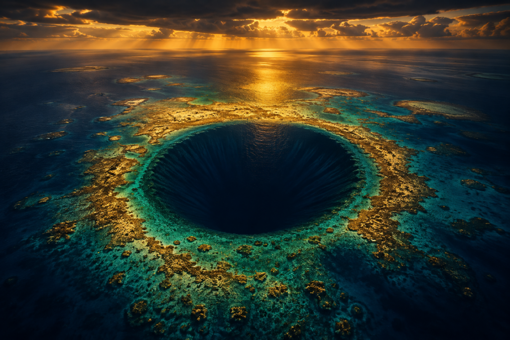 7 Natural Phenomena So Extreme They Seem Impossible Aerial-style illustration of a massive circular sinkhole in the ocean, representing the Great Blue Hole in Belize
