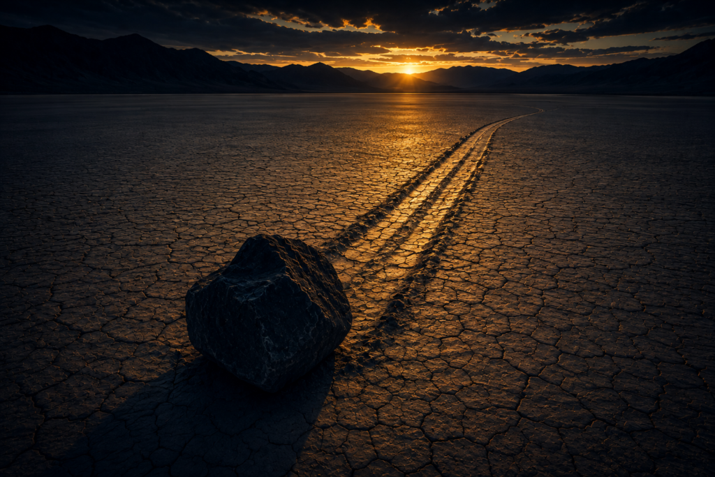 7 Natural Phenomena So Extreme They Seem Impossible Illustration of a stone with a long trailing track on a cracked desert floor, representing the sailing stones of Death Valley