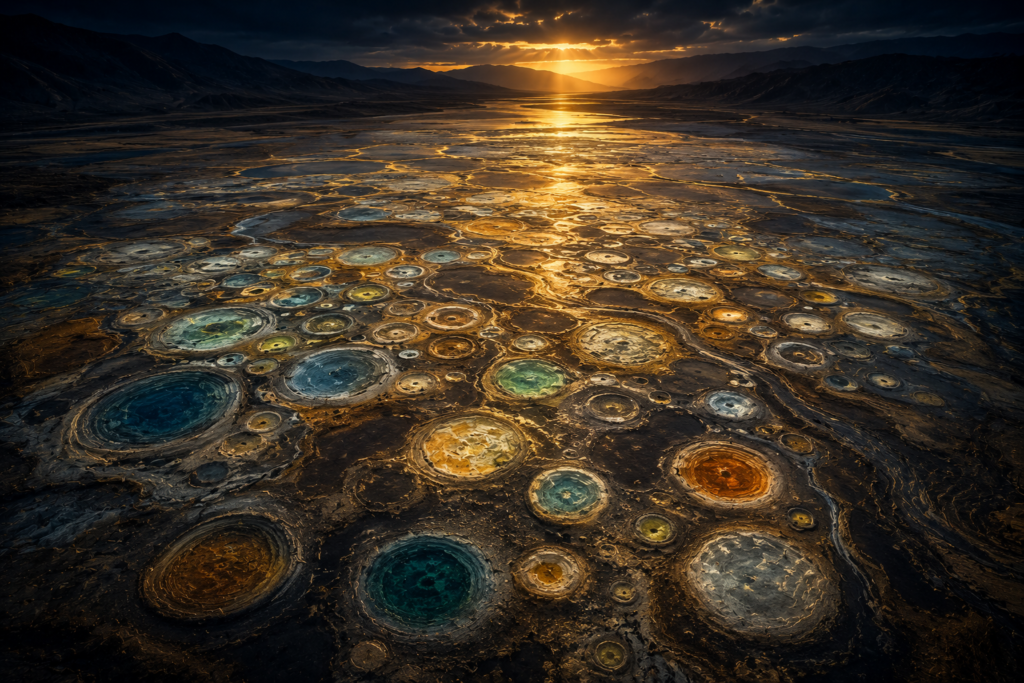 7 Natural Phenomena So Extreme They Seem Impossible Aerial-style illustration of a lakebed covered in colorful circles, representing Spotted Lake in Canada